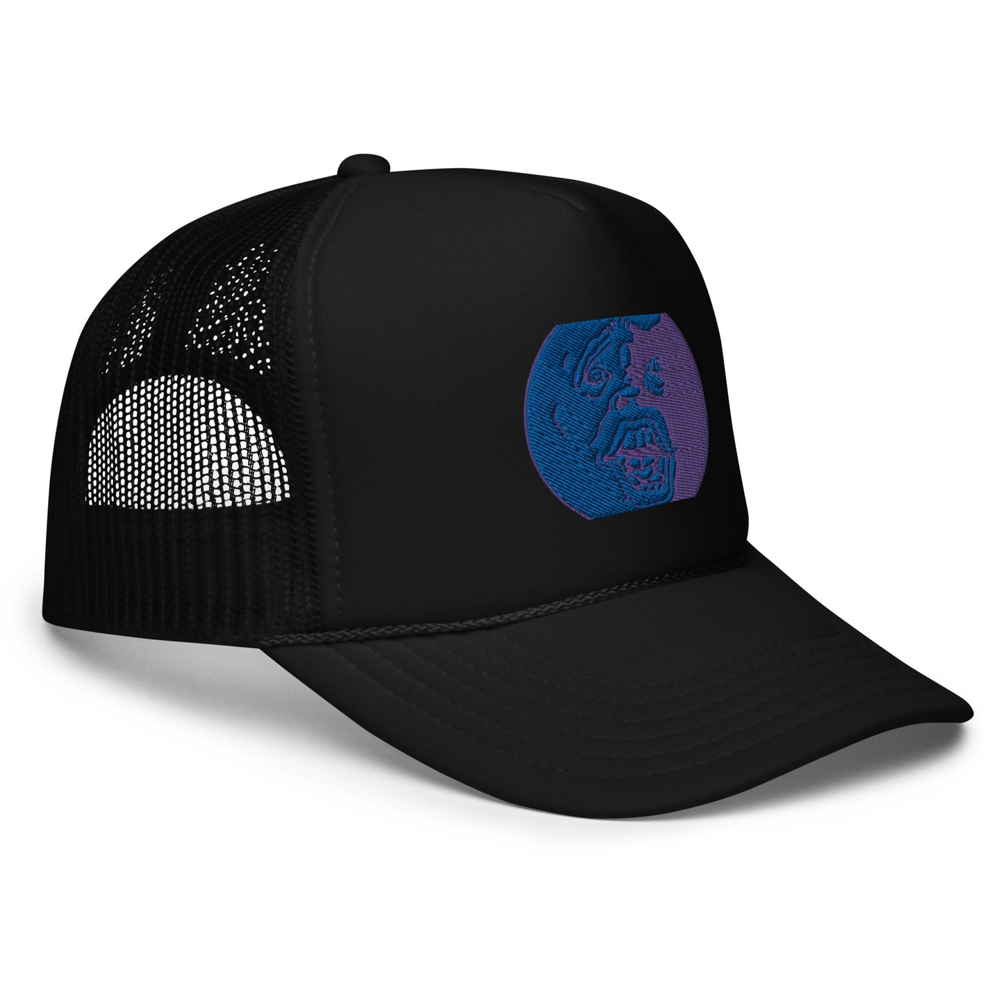 Blue and Purple "Socially Taxed" Gentle Beast Moon Face Foam trucker hat
