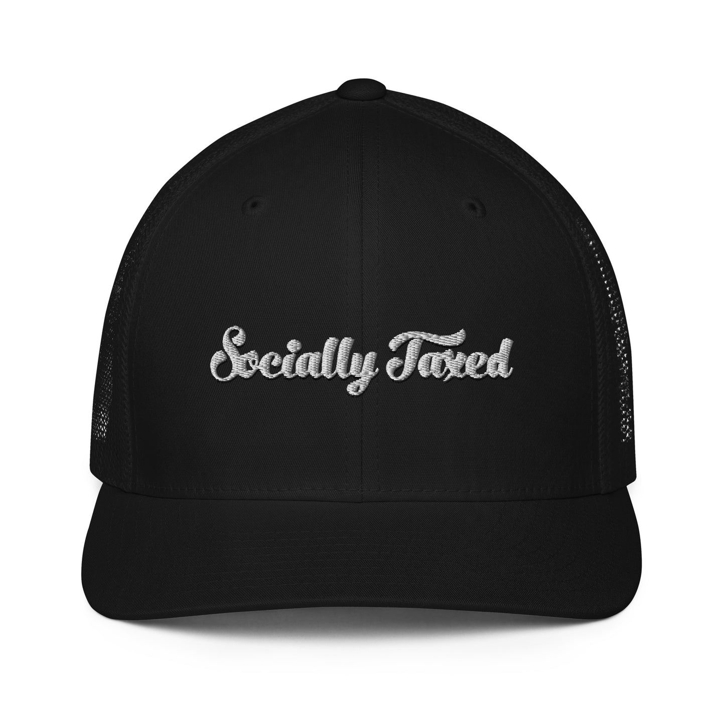 White on Black "Socially Taxed" Closed-back trucker cap