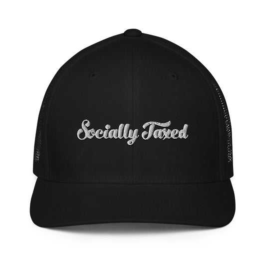 White on Black "Socially Taxed" Closed-back trucker cap