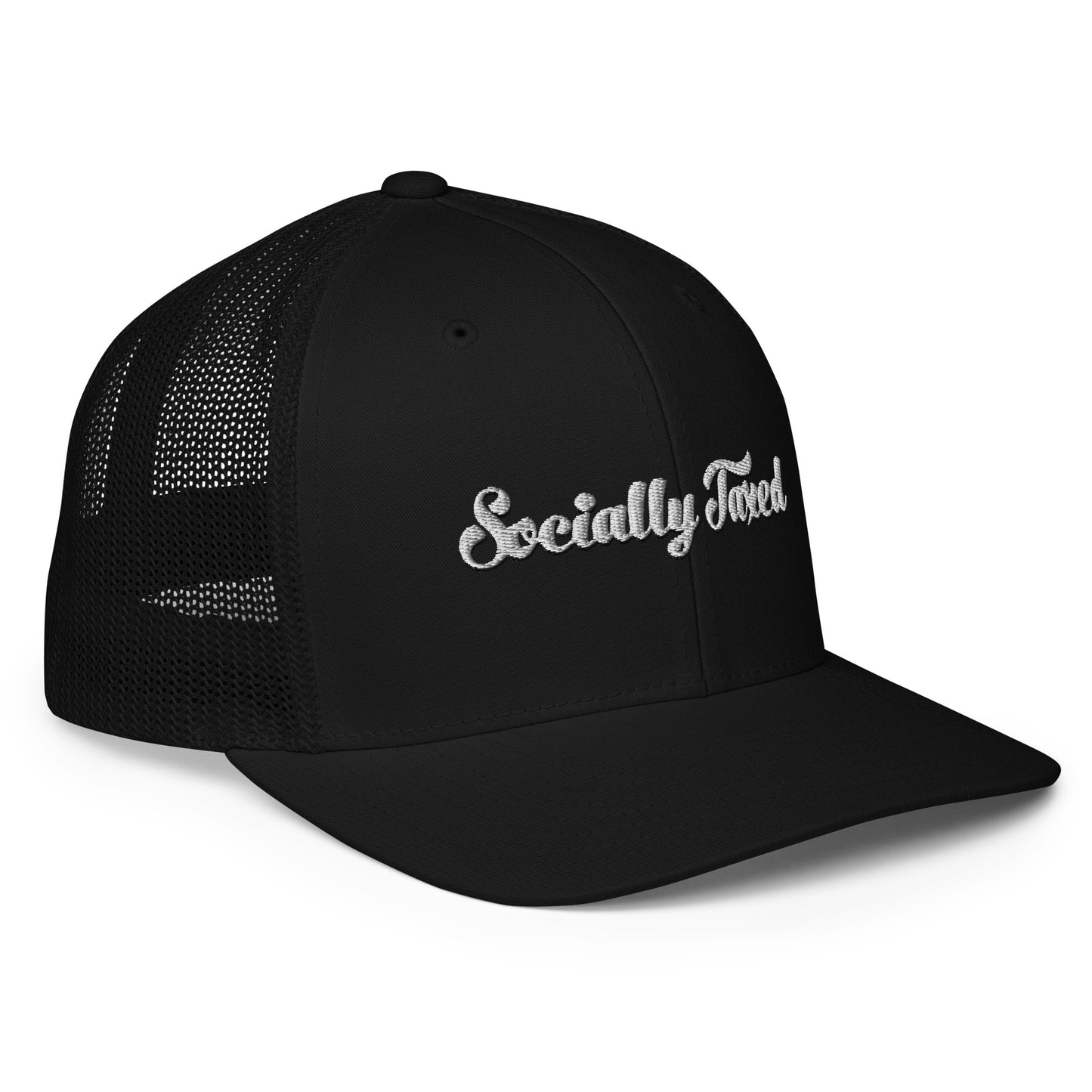 White on Black "Socially Taxed" Closed-back trucker cap