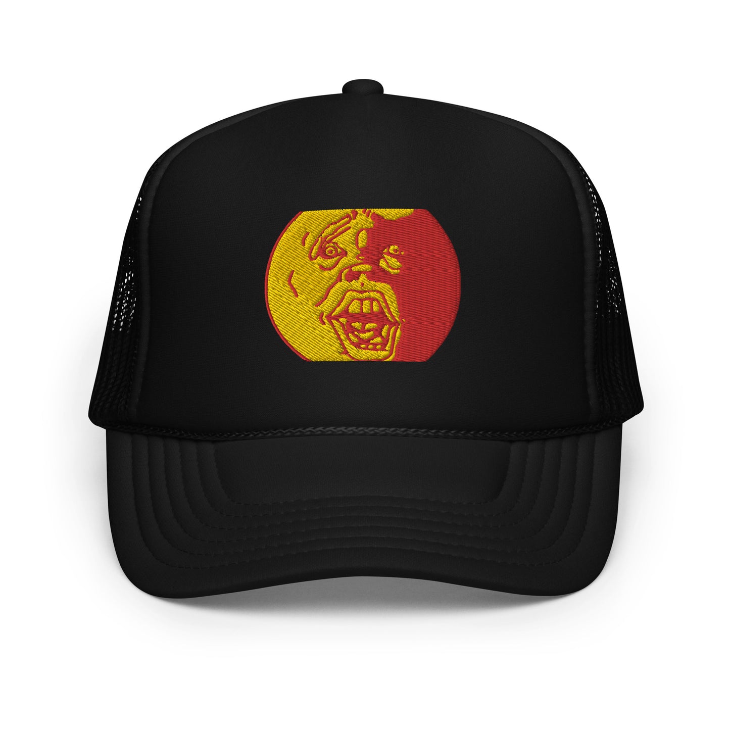 Yellow and Red "Socially Taxed" Gentle Beast Sun Face Foam trucker hat