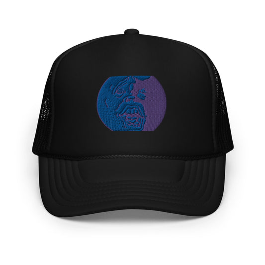 Blue and Purple "Socially Taxed" Gentle Beast Moon Face Foam trucker hat