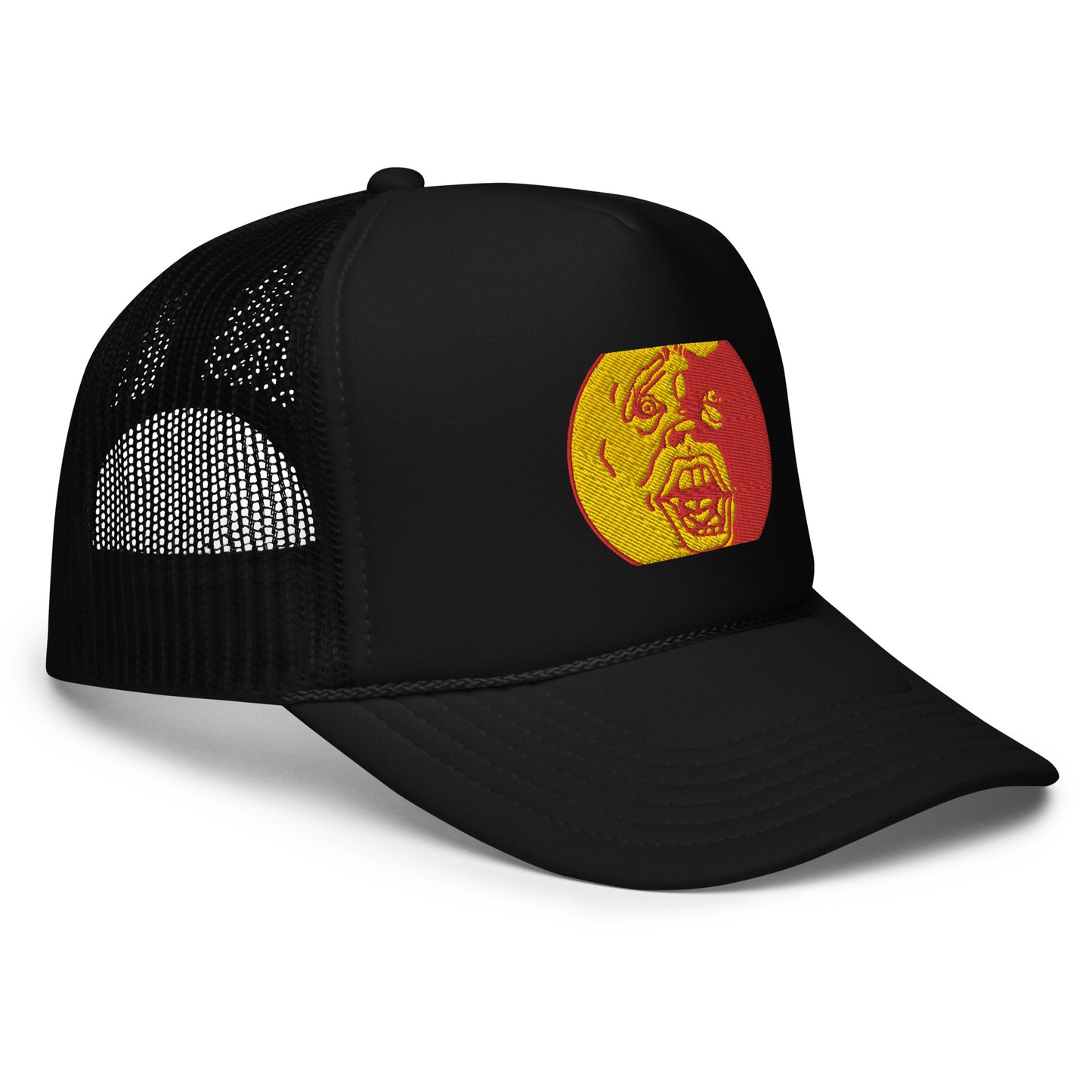 Yellow and Red "Socially Taxed" Gentle Beast Sun Face Foam trucker hat