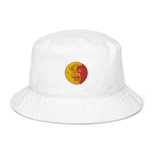 Yellow and Red "Socially Taxed" Gentle Beast Sun Face Organic bucket hat