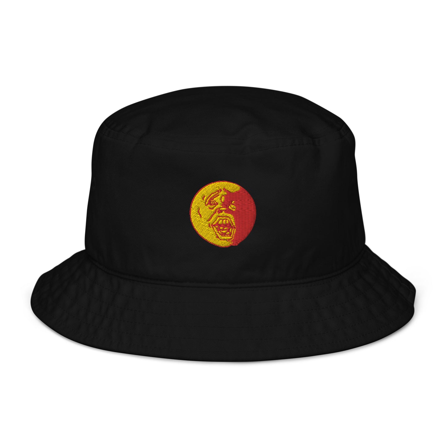 Yellow and Red "Socially Taxed" Gentle Beast Sun Face Organic bucket hat