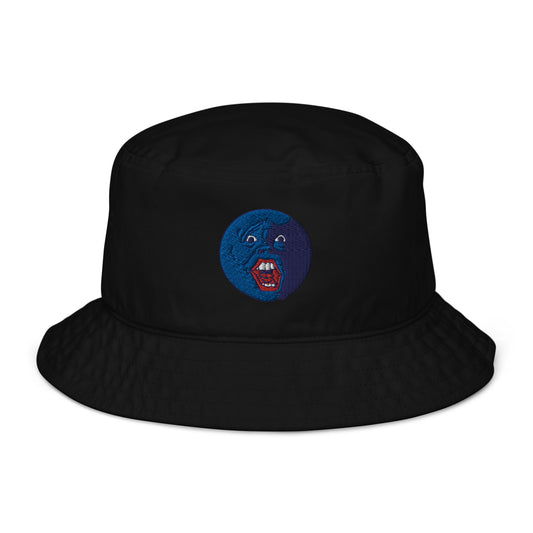 Blue and Purple "Socially Taxed" Gentle Beast Moon Face Organic bucket hat