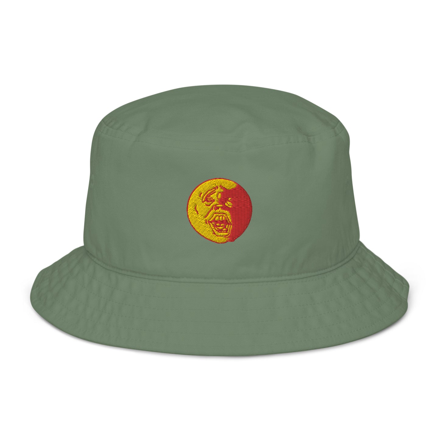 Yellow and Red "Socially Taxed" Gentle Beast Sun Face Organic bucket hat