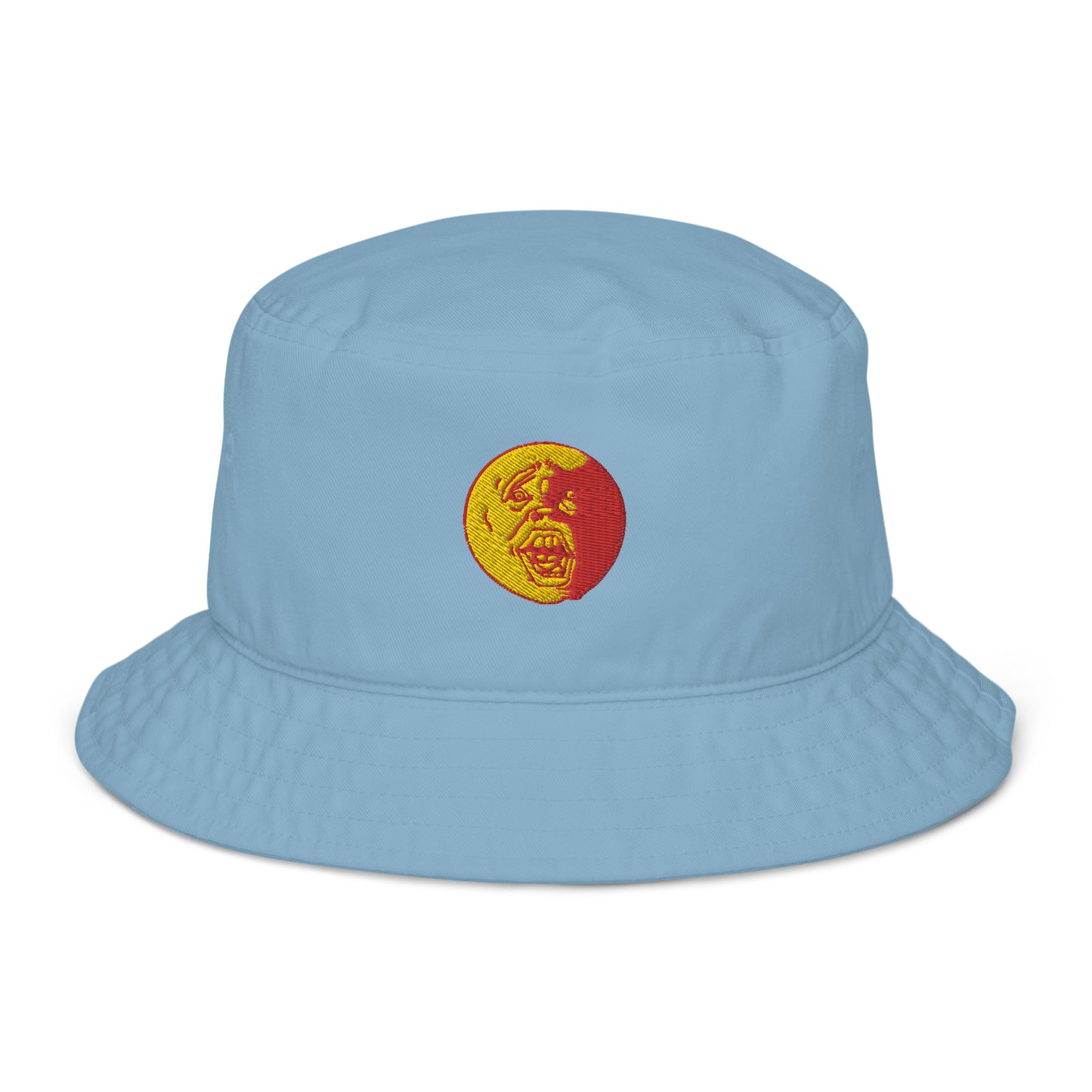 Yellow and Red "Socially Taxed" Gentle Beast Sun Face Organic bucket hat