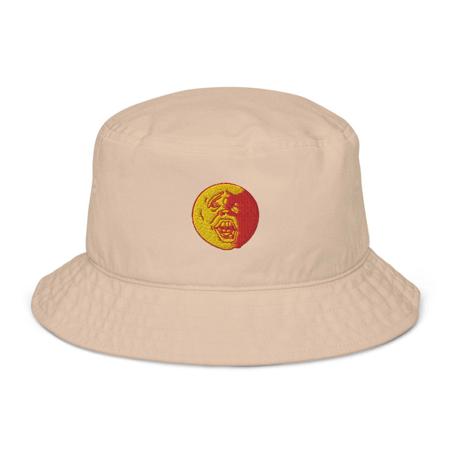 Yellow and Red "Socially Taxed" Gentle Beast Sun Face Organic bucket hat